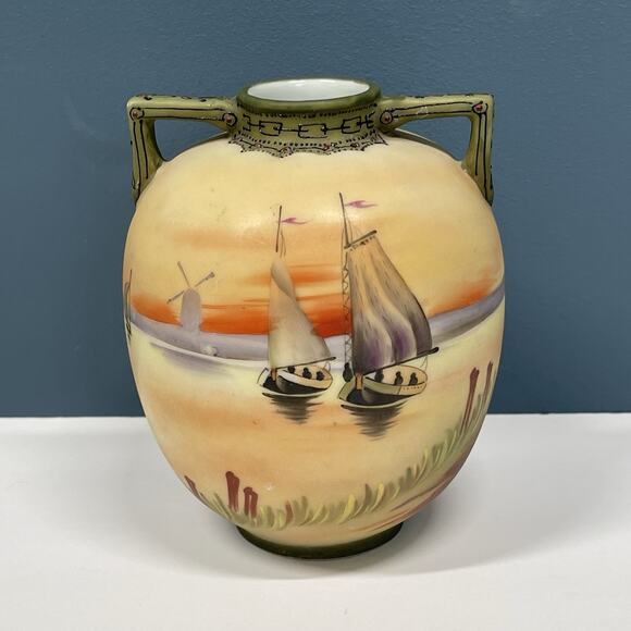 Old Noritake Handpainted Vase & Dish Sailing Ship Windmill Japan - Picture 6 of 16